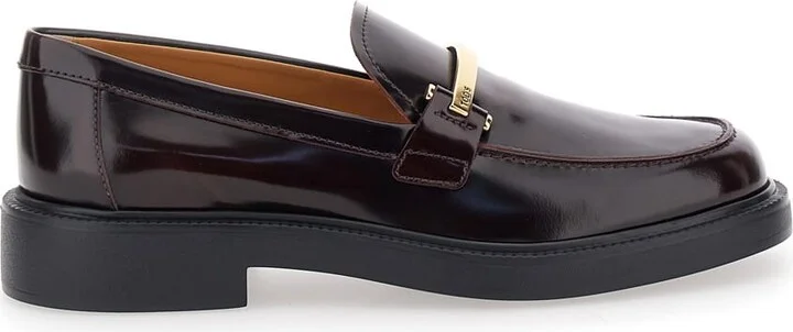 Brown Loafers With Logo Plaque In Leather Woman