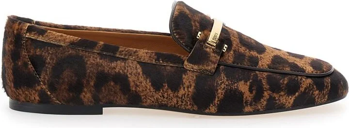 Brown Loafers With Logo Plaque On The Front And All-Over Leopard Motif In Suede Woman