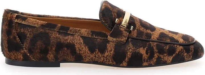 Brown Loafers With Logo Plaque On The Front And All-over Leopard Motif In Suede Woman