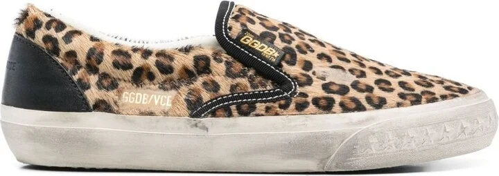 Brown Low Top Sneakers With Embossed Logo On The Heel And All-Over Leopard Motif In Leather Woman