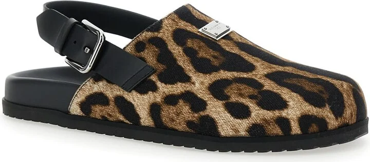 Brown Mules With Logo Plaque On The Front And Leopard Motif In Leather And Cotton Blend Man - Image 2