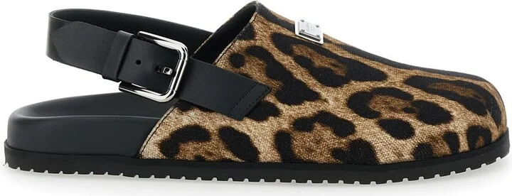 Brown Mules With Logo Plaque On The Front And Leopard Motif In Leather And Cotton Blend Man