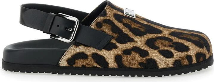 Brown Mules With Logo Plaque On The Front And Leopard Motif In Leather And Cotton Blend Man