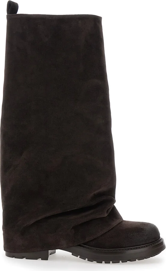 Brown Multilayer Combat Boots With One Block Sole In Suede Woman