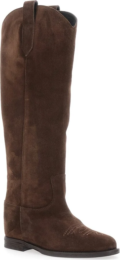 Brown Pointed Boots With Western-style Shaft And Stitching Detail In Suede Woman - Image 2