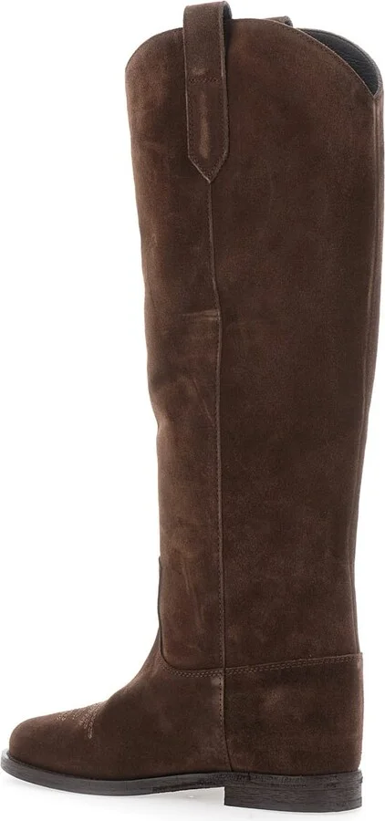 Brown Pointed Boots With Western-style Shaft And Stitching Detail In Suede Woman - Image 3