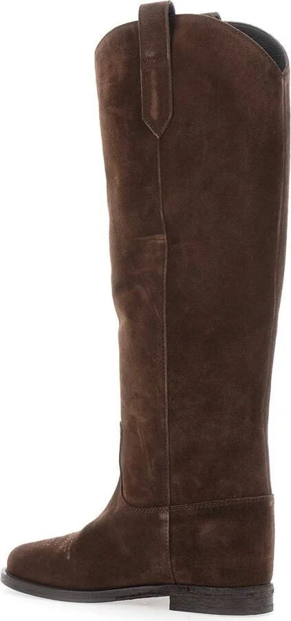 Brown Pointed Boots With Western-Style Shaft And Stitching Detail In Suede Woman - Image 3