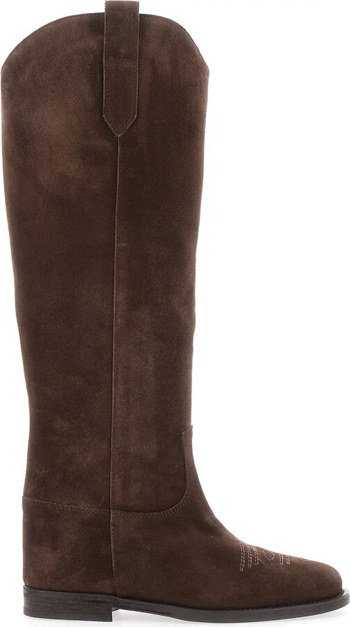 Brown Pointed Boots With Western-style Shaft And Stitching Detail In Suede Woman