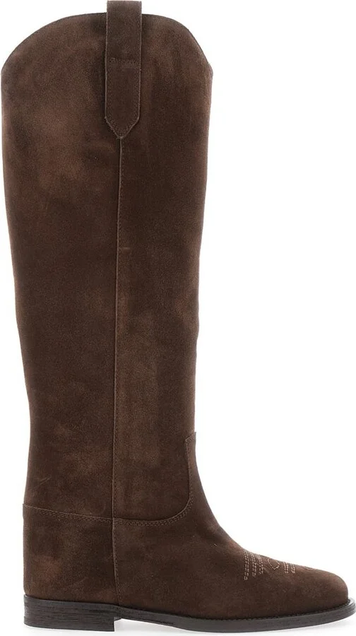 Brown Pointed Boots With Western-Style Shaft And Stitching Detail In Suede Woman