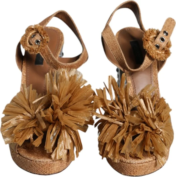 Brown Raffia Ankle Strap Crystal Sandals Women's Shoes (Pre-Owned) - Image 2