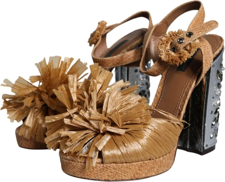 Brown Raffia Ankle Strap Crystal Sandals Women's Shoes (Pre-Owned) - Image 3