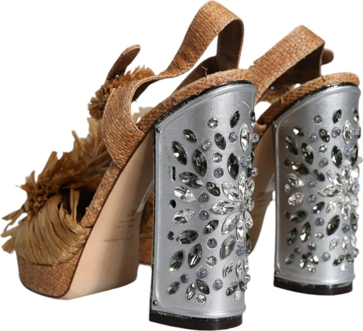 Brown Raffia Ankle Strap Crystal Sandals Women's Shoes (Pre-Owned) - Image 4