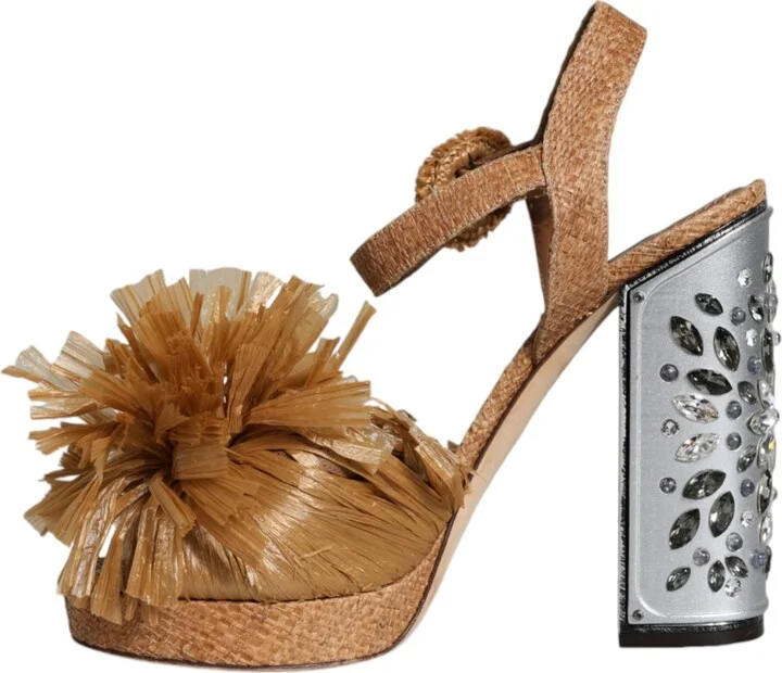 Brown Raffia Ankle Strap Crystal Sandals Women's Shoes (Pre-Owned) - Image 5