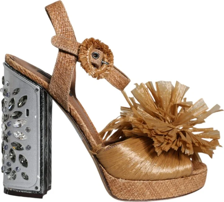 Brown Raffia Ankle Strap Crystal Sandals Women's Shoes (Pre-Owned)