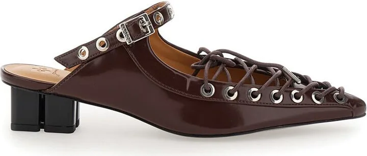 Brown Sandals With Pointed Toe Design And All-Over Laces In Eco Leather Woman