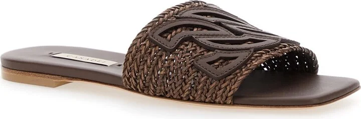 Brown Slide Sandals With Embossed Logo In Raffia Woman - Image 2