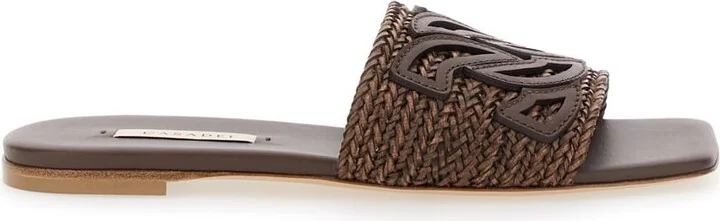 Brown Slide Sandals With Embossed Logo In Raffia Woman
