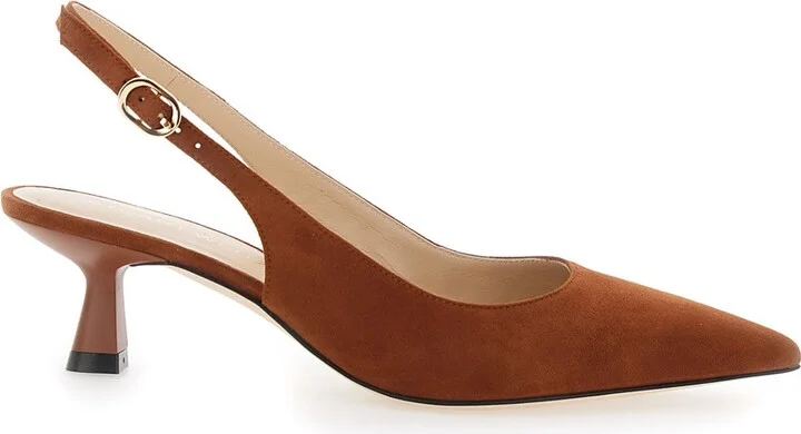 Brown Slingback Pumps With Medium Sculpted Heel In Suede Woman