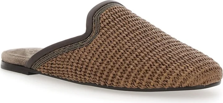 Brown Slip-on Sandals With Woven Design And Suede Lining In Cotton Blend Woman - Image 2