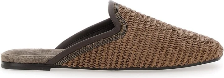 Brown Slip-on Sandals With Woven Design And Suede Lining In Cotton Blend Woman