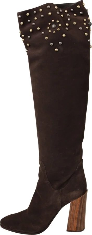 Brown Suede Studded Knee High Shoes Women's Boots - Image 2