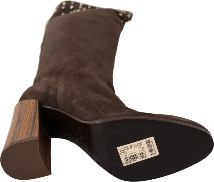 Brown Suede Studded Knee High Shoes Women's Boots - Image 3