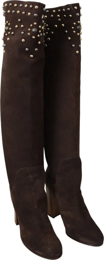 Brown Suede Studded Knee High Shoes Women's Boots - Image 5