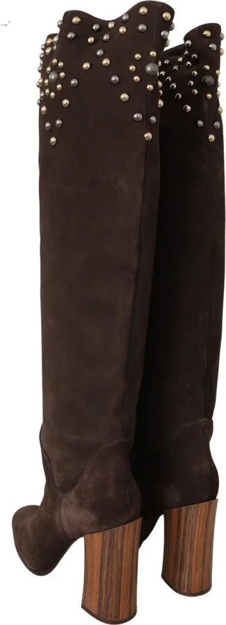 Brown Suede Studded Knee High Shoes Women's Boots - Image 6