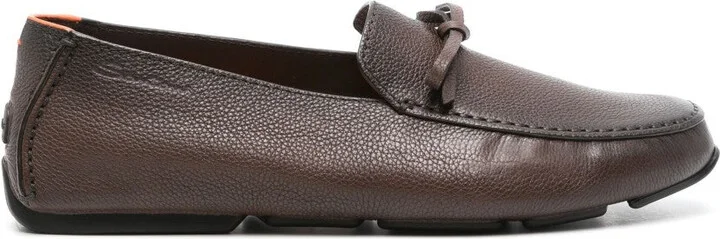 Brown Textured Leather Loafers With Decorative Bow
