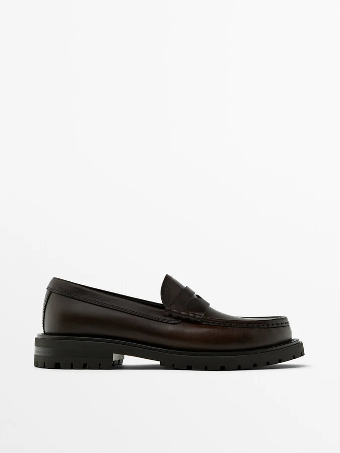 Brown Track Sole Loafers With Penny Strap - Image 2