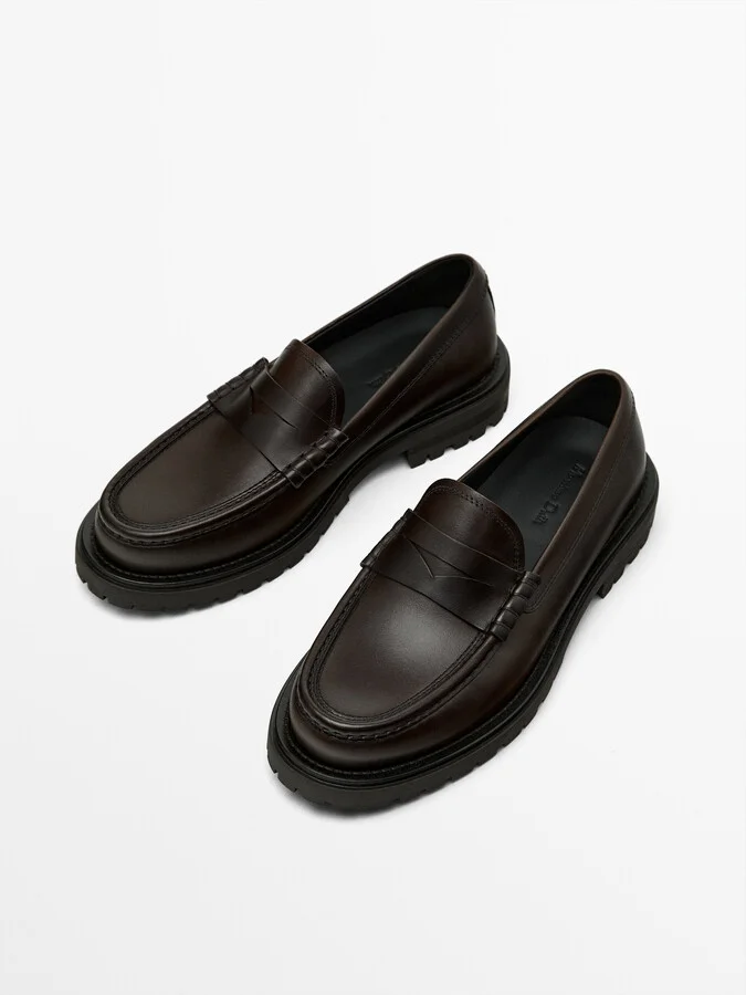 Brown Track Sole Loafers With Penny Strap - Image 3