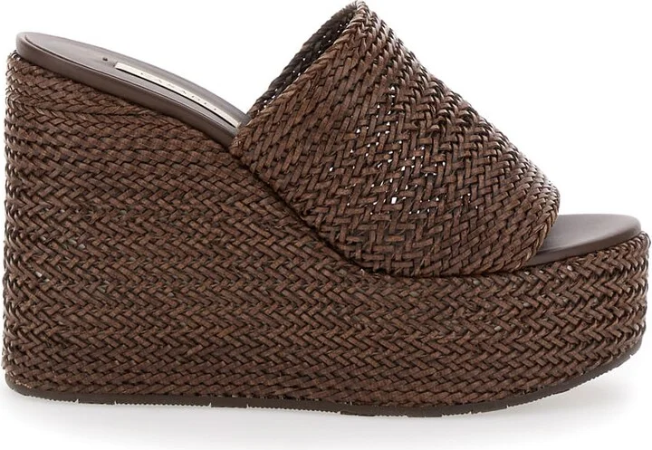 Brown Wedges With Almond Toe And Woven Design In Synthetic Fiber Woman
