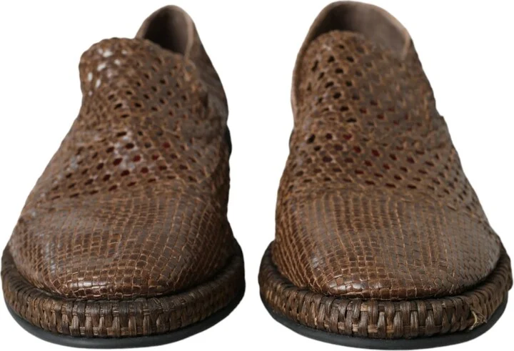 Brown Woven Leather Loafers Casual Men's Shoes - Image 2
