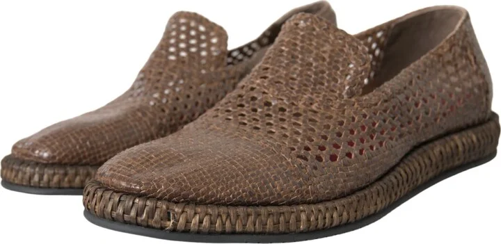 Brown Woven Leather Loafers Casual Men's Shoes - Image 3