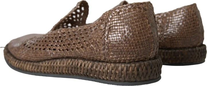 Brown Woven Leather Loafers Casual Men's Shoes - Image 4