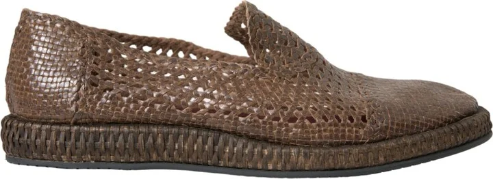 Brown Woven Leather Loafers Casual Men's Shoes