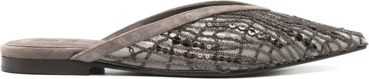 Brunello Cucinelli Abstract Embroidered Suede Slingback Ballet Flats