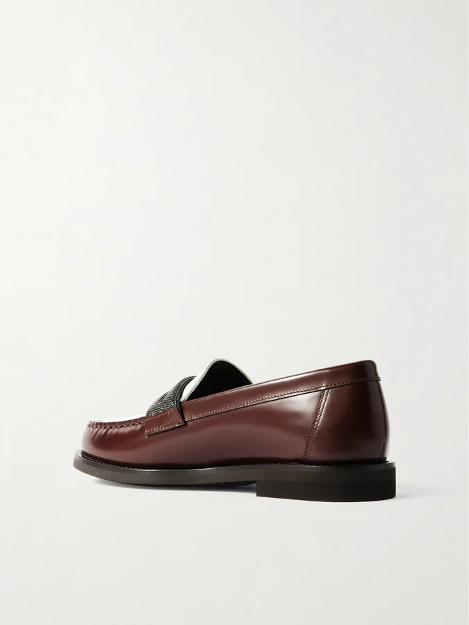 Brunello Cucinelli - Bead-detailed Leather Loafers - Brown - Image 3