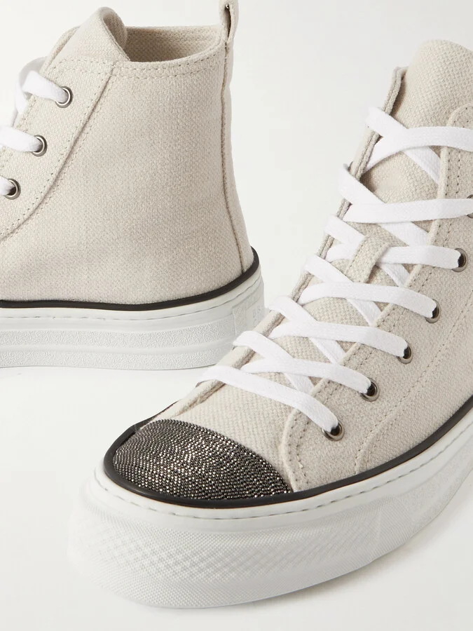 Brunello Cucinelli - Bead-embellished Canvas Sneakers - Silver - Image 4