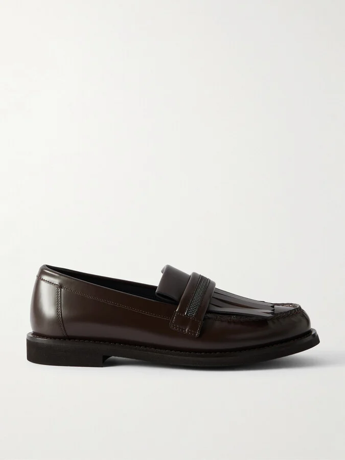 Brunello Cucinelli - Bead-embellished Fringed Leather Loafers - Brown
