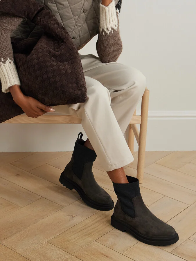 Brunello Cucinelli - Bead-embellished Knit-trimmed Suede Chelsea Boots - Brown - Image 2