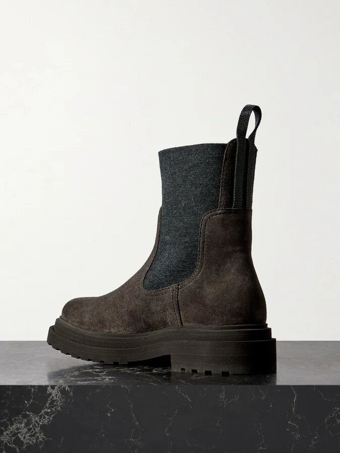 Brunello Cucinelli - Bead-embellished Knit-trimmed Suede Chelsea Boots - Brown - Image 3