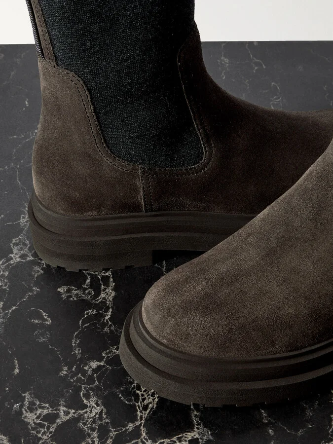 Brunello Cucinelli - Bead-embellished Knit-trimmed Suede Chelsea Boots - Brown - Image 4
