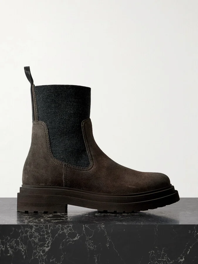 Brunello Cucinelli - Bead-embellished Knit-trimmed Suede Chelsea Boots - Brown