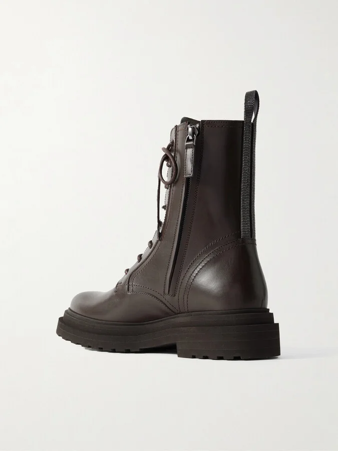 Brunello Cucinelli - Bead-embellished Leather Ankle Boots - Brown - Image 3