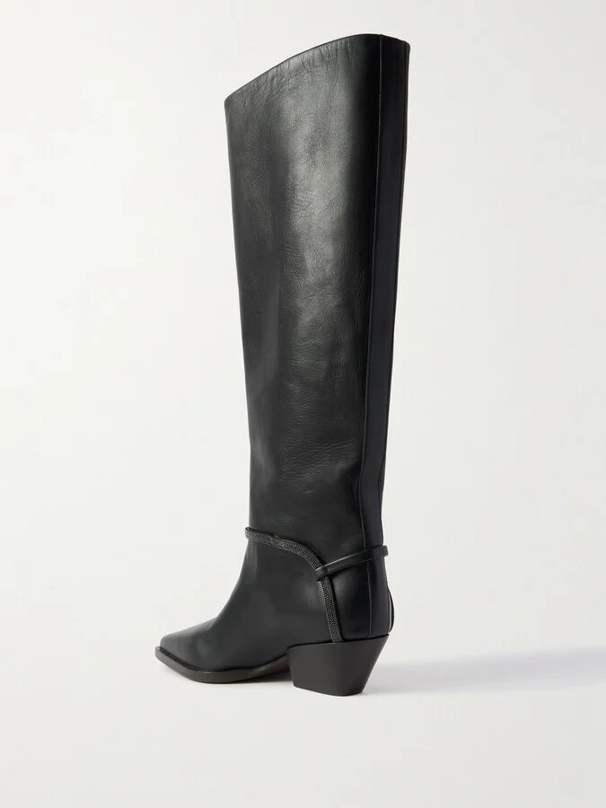 Brunello Cucinelli - Bead-embellished Leather Knee Boots - Black - Image 3
