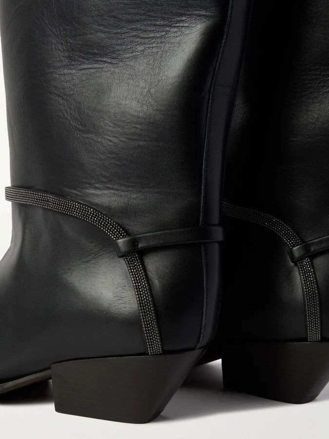 Brunello Cucinelli - Bead-embellished Leather Knee Boots - Black - Image 4
