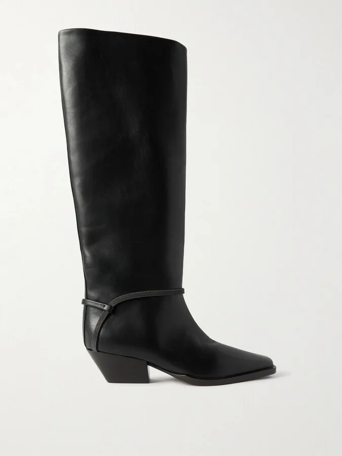 Brunello Cucinelli - Bead-embellished Leather Knee Boots - Black