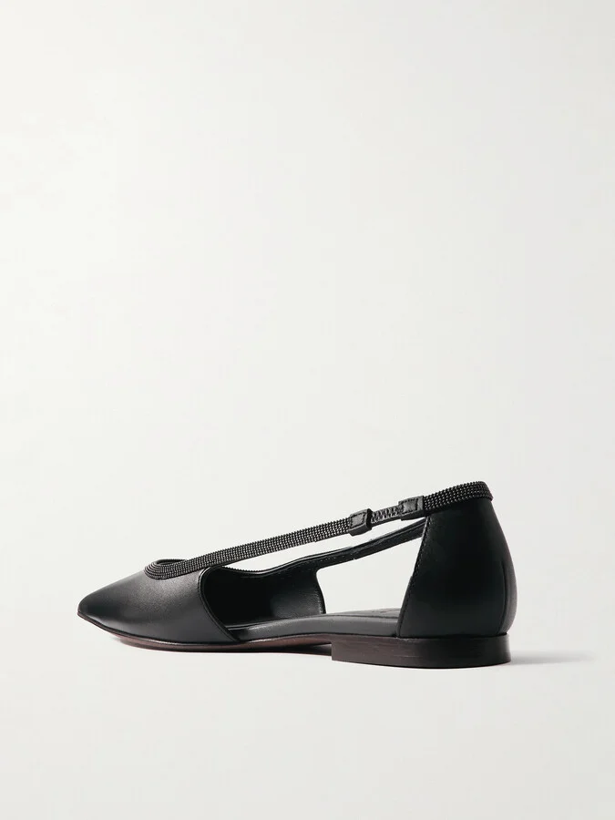 Brunello Cucinelli - Bead-embellished Leather Point-toe Flats - Black - Image 3