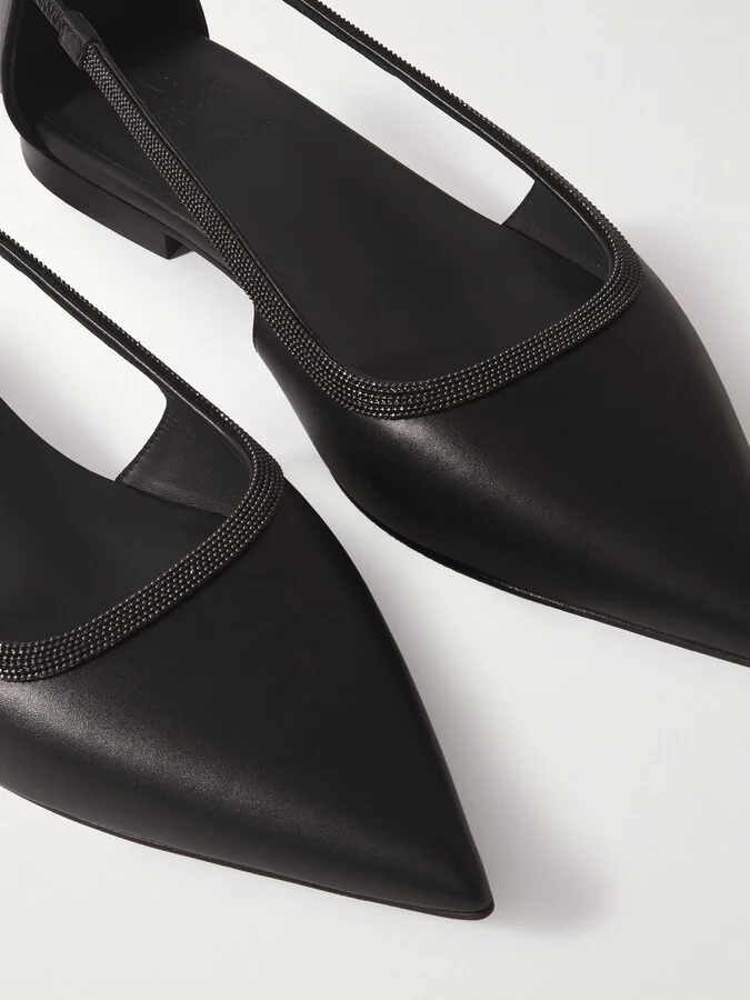 Brunello Cucinelli - Bead-embellished Leather Point-toe Flats - Black - Image 4